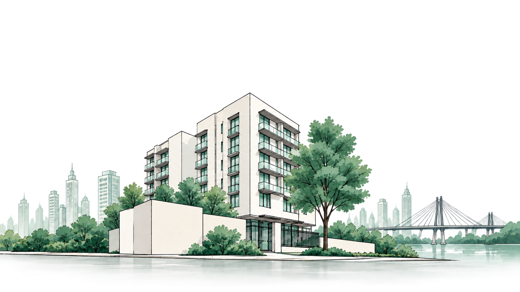 A residential building surrounded by greenery, with Mumbai’s skyline and sea bridge in the background.